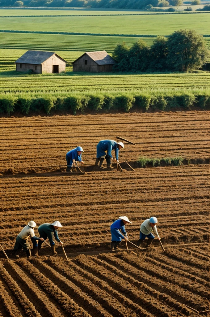 Happy peasant people tilling the field