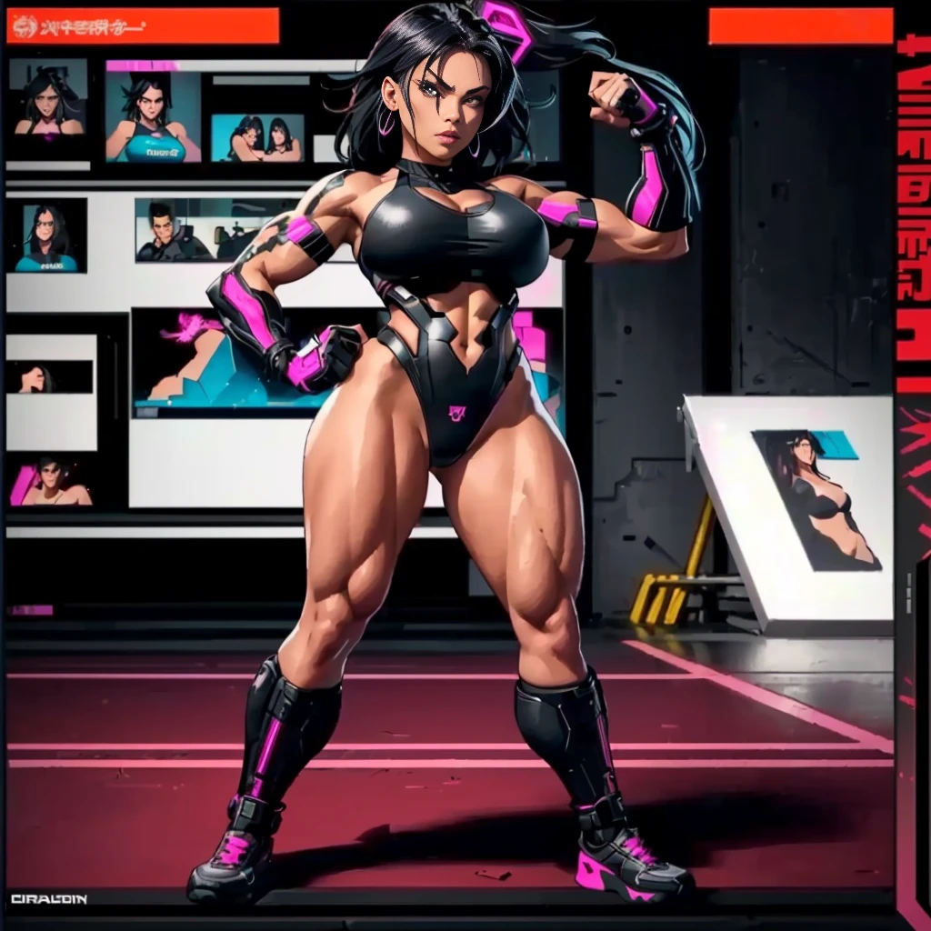 A muscular woman in a black and pink outfit stands confidently, her intense gaze locked onto the viewer. Framed by a gritty urban backdrop, neon lights reflecting off her chiseled physique, she poses with an air of dominance. Her bulky arms flexed, showcasing toned muscles beneath her sleeveless top. A black bikini bottom hugs her curvaceous hips, as she strikes a powerful stance, ready to take on any challenge. Cyberpunk cityscape elements blend seamlessly with her strong pose, as if she's about to unleash ultraviolent justice.