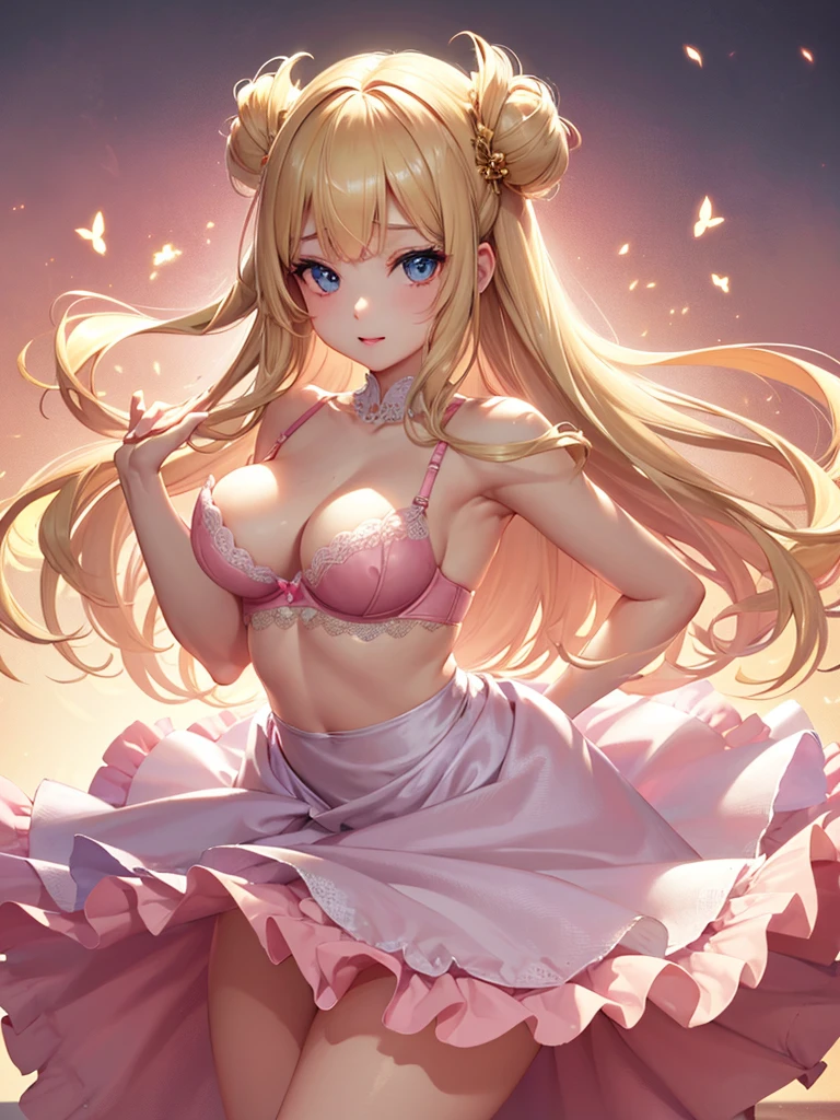 bare breasts、(satin、silk、(bra))、Highest quality, Super Fine, 16K, Incredibly absurd, Very detailed, Beautiful and cute woman, shy, Big, bright eyes, Blonde double-sided princess hairstyle, Princess-like pink ruffled long flare skirt dress, Simple color background