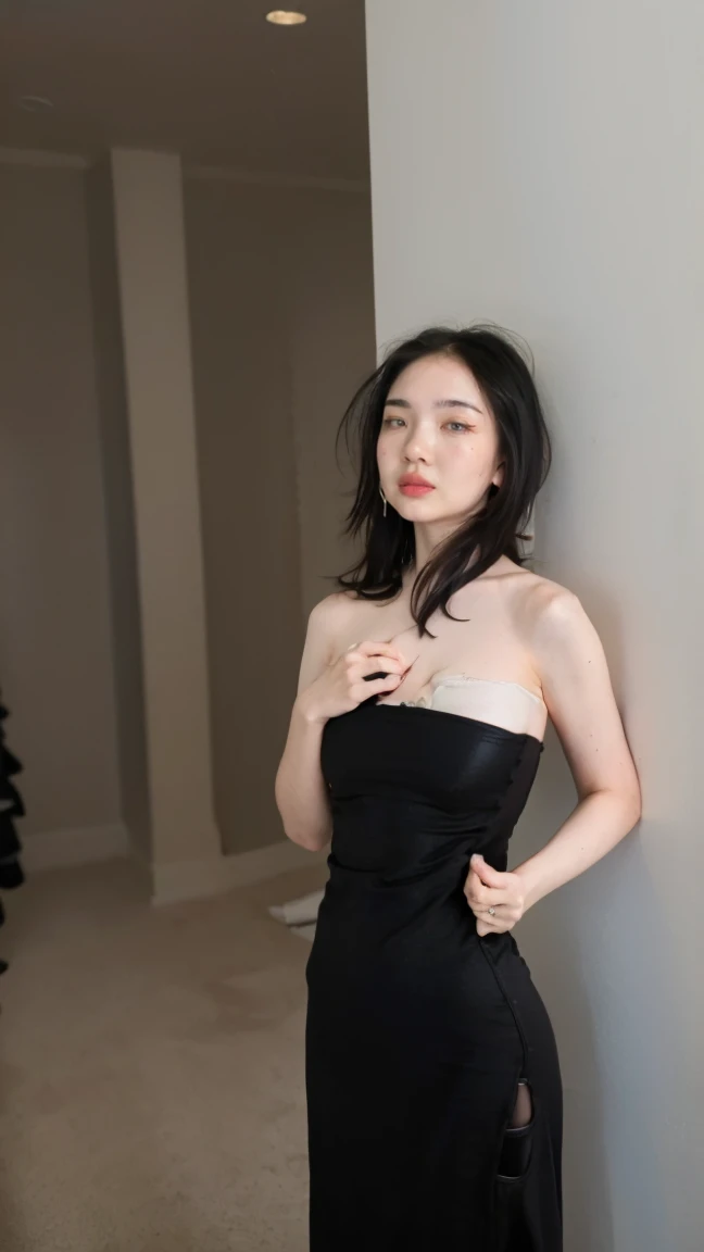 masterpiece photo of a woman, 18+, 4k quality, half body, standing, dynamic pose, sexy, dramatic warm light, white background, black wavy short hair, wide hips, thick thighs, super skiny body, (((small breast: 2)))clear shiny skin, (((black tight strapless long dress: 1.4))), 