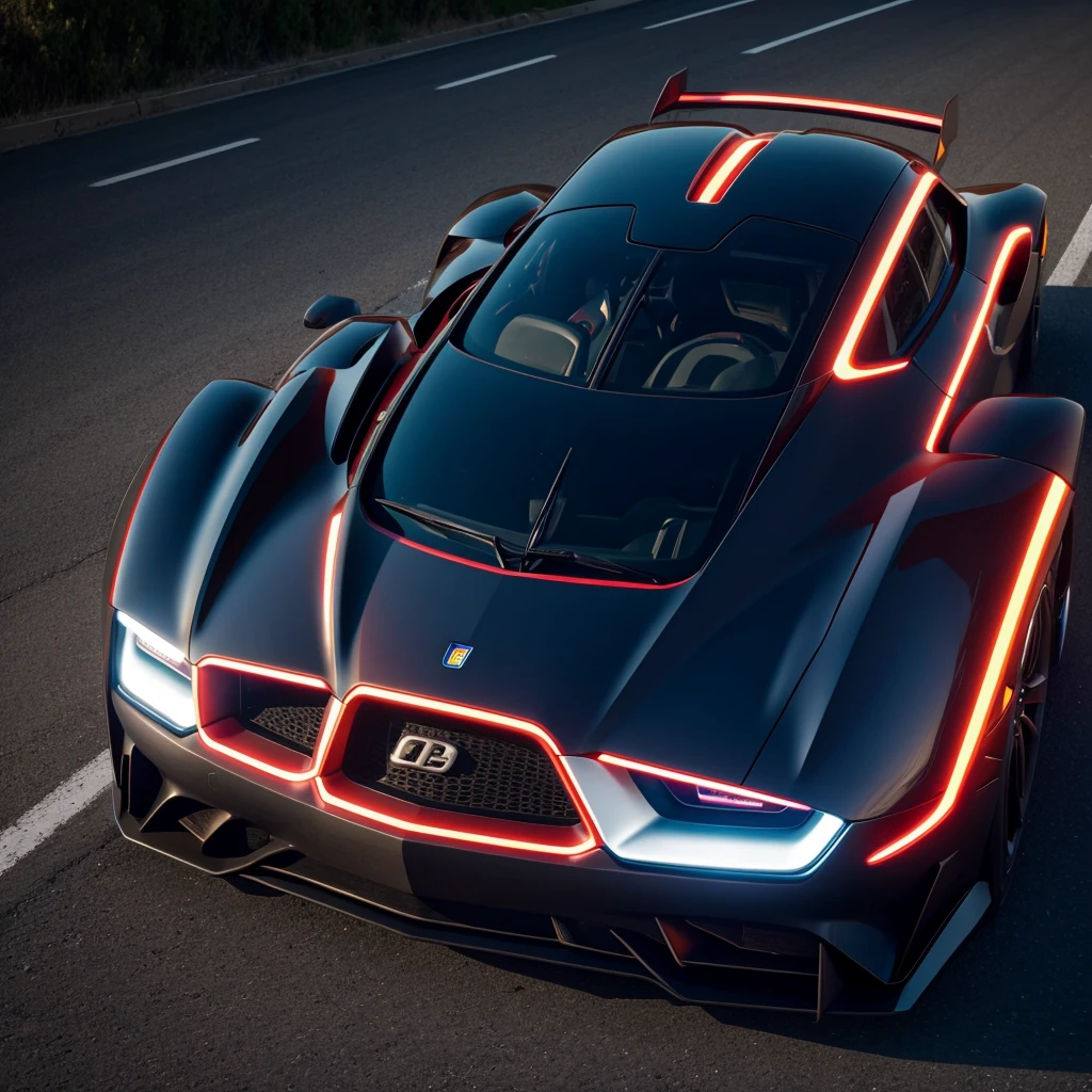 neon super car, front view, photo real