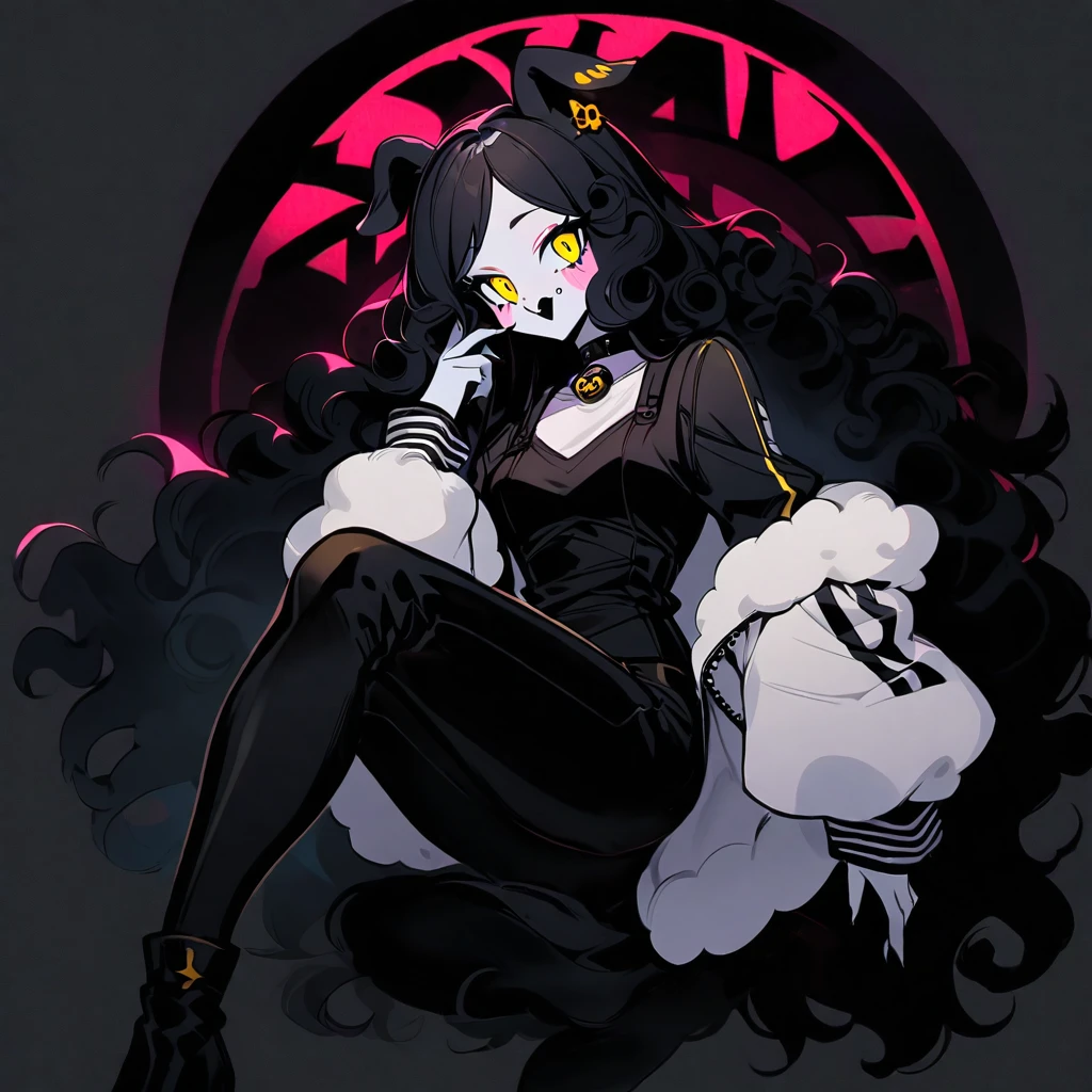 (well done: 1) woman, pale white skin, sheep ears and tail, curly hair down to black shoulders, yellow eyes, mouth piercing, black choker, white jacket with black details with furry hood, black shirt underneath, pants black, black boots, tights.