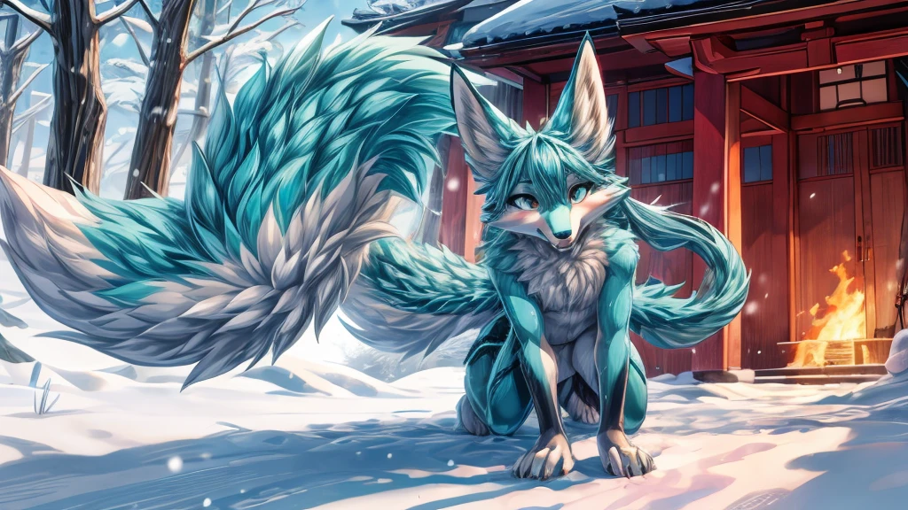 The best quality, Japanese adolescent hatsune miku x kitsune , fox face elongated snout add-detail, Surprise face, sweaty body, heated add_detail,, kitsune warrior in the snow add_detail:1, Whole body, barefoot add_detail:1 