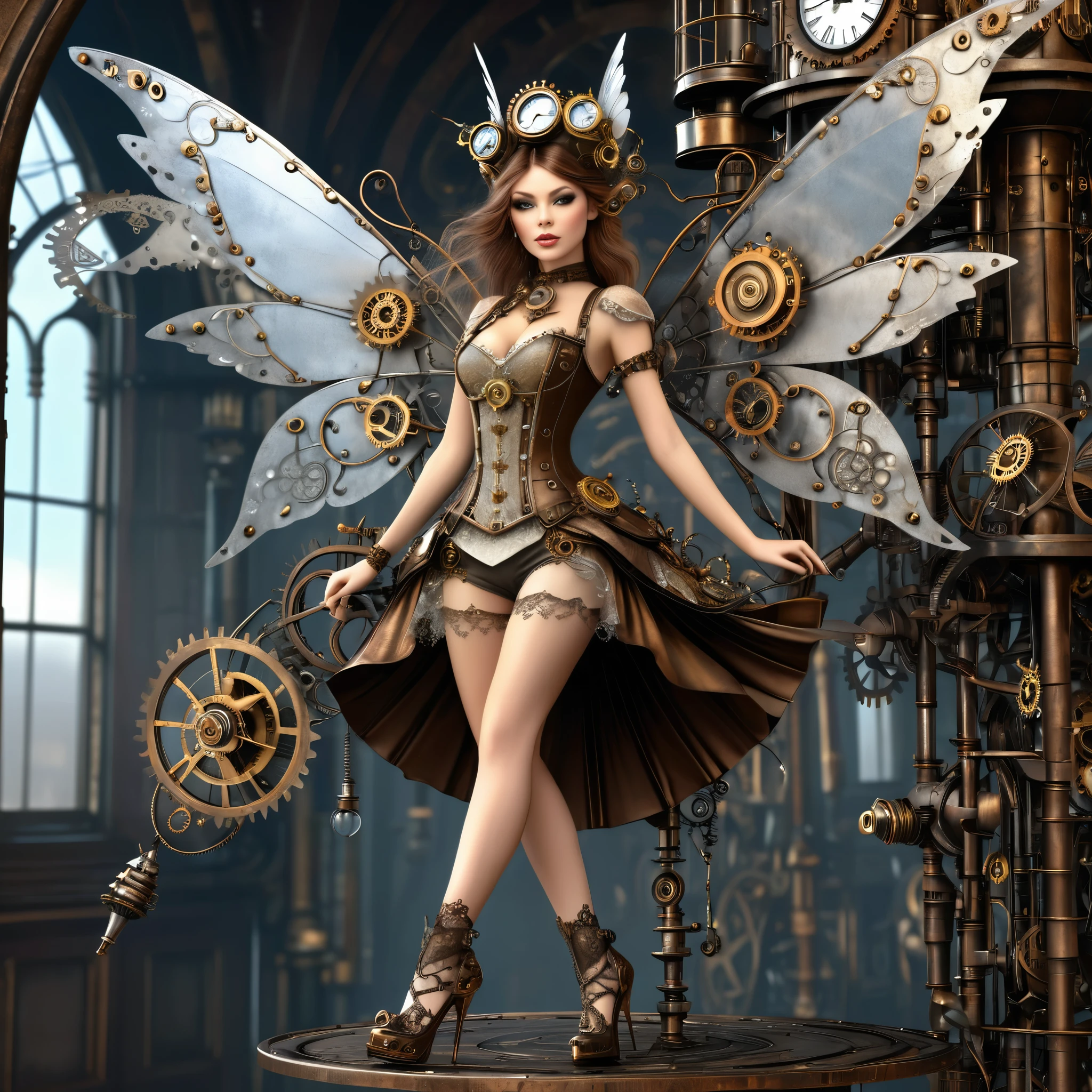 exquisite 2.5d rendering of a gorgeous steampunk fairy, high heels, ((highly detailed face)), flying around a tower made of metal junk and clockwork parts, metal trimmed wings, clothing made of lace and steel, clockwork home