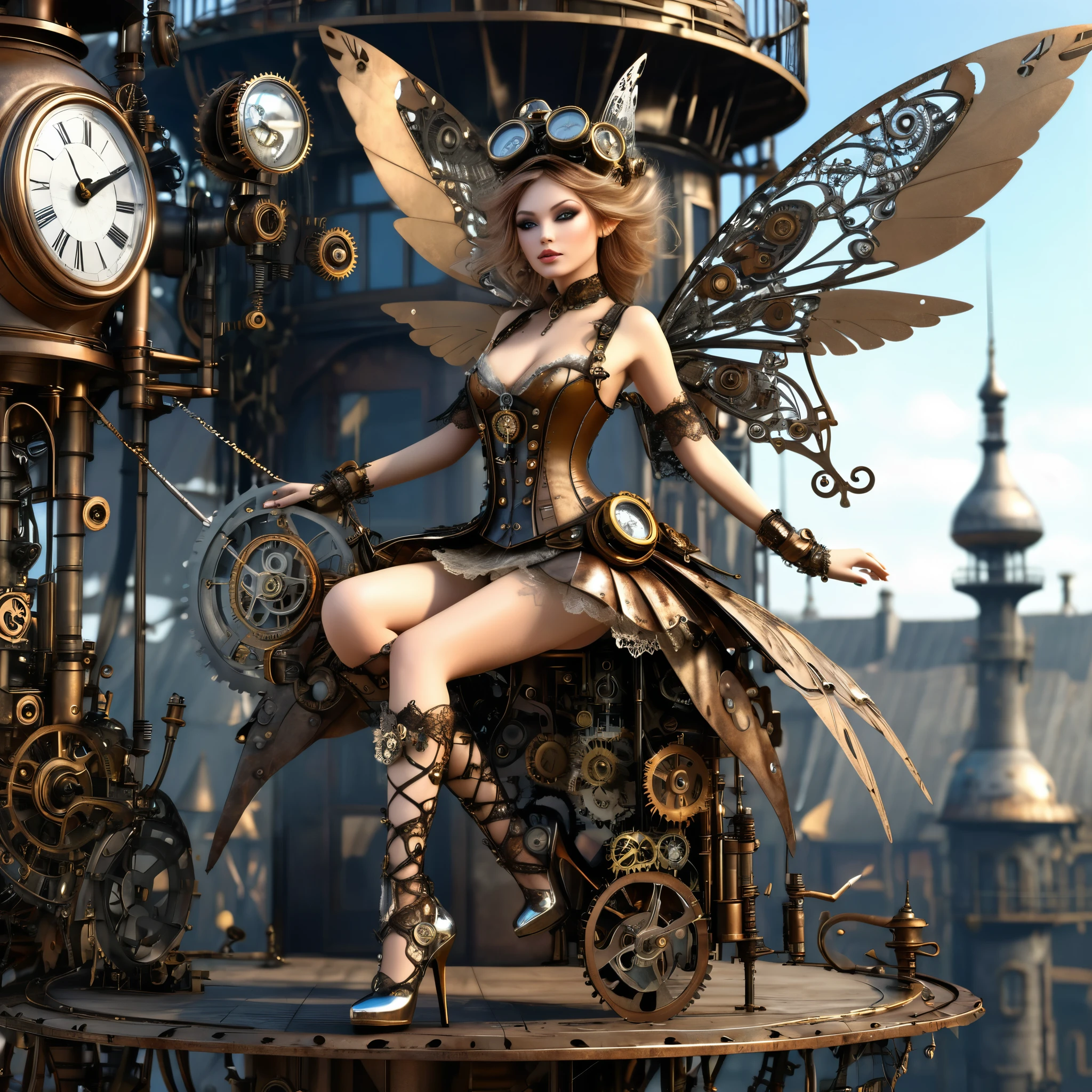 exquisite 2.5d rendering of a gorgeous steampunk fairy, high heels, ((highly detailed face)), flying around a tower made of metal junk and clockwork parts, metal trimmed wings, clothing made of lace and steel, clockwork home