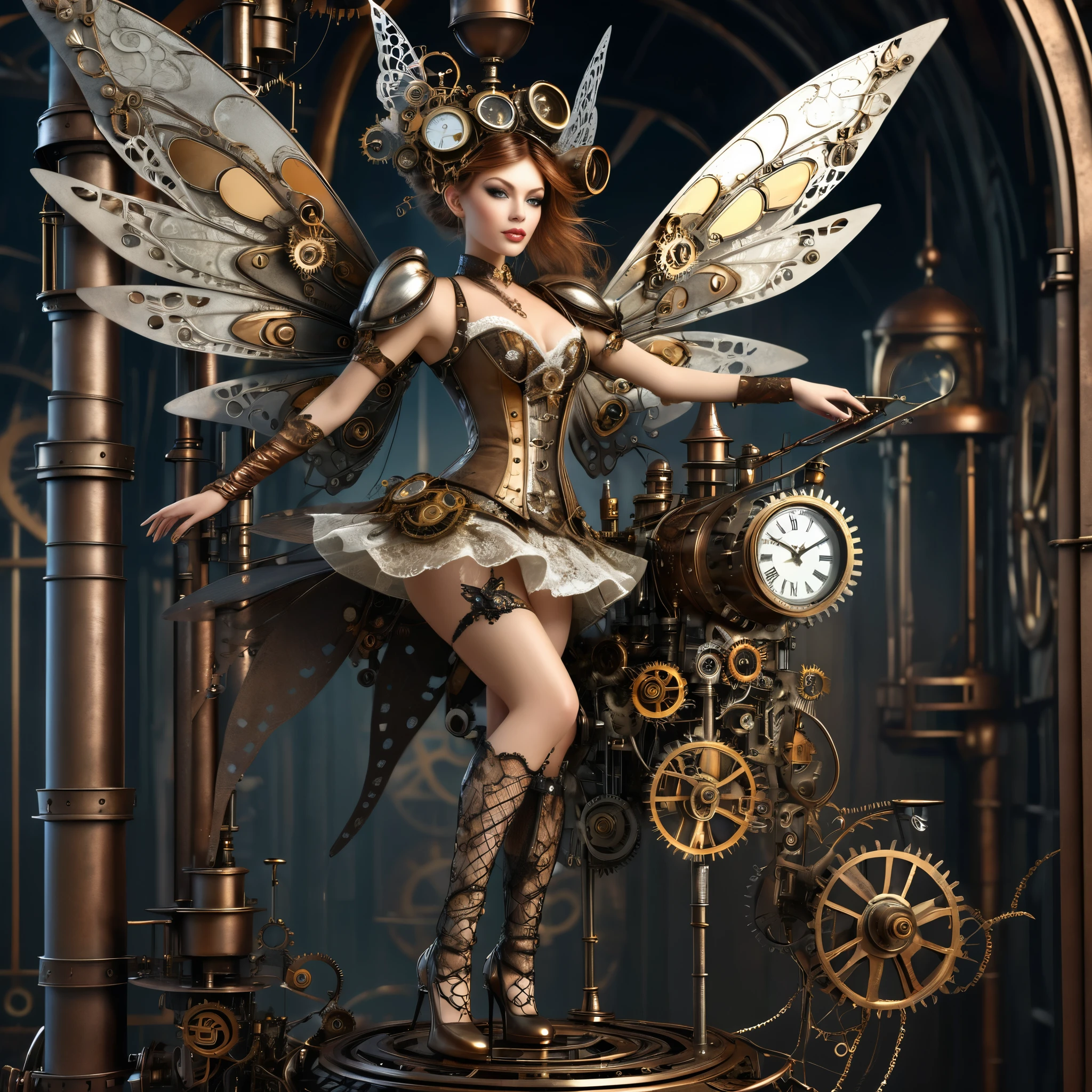 exquisite 2.5d rendering of a gorgeous steampunk fairy, high heels, ((highly detailed face)), flying around a tower made of metal junk and clockwork parts, metal trimmed wings, clothing made of lace and steel, clockwork home