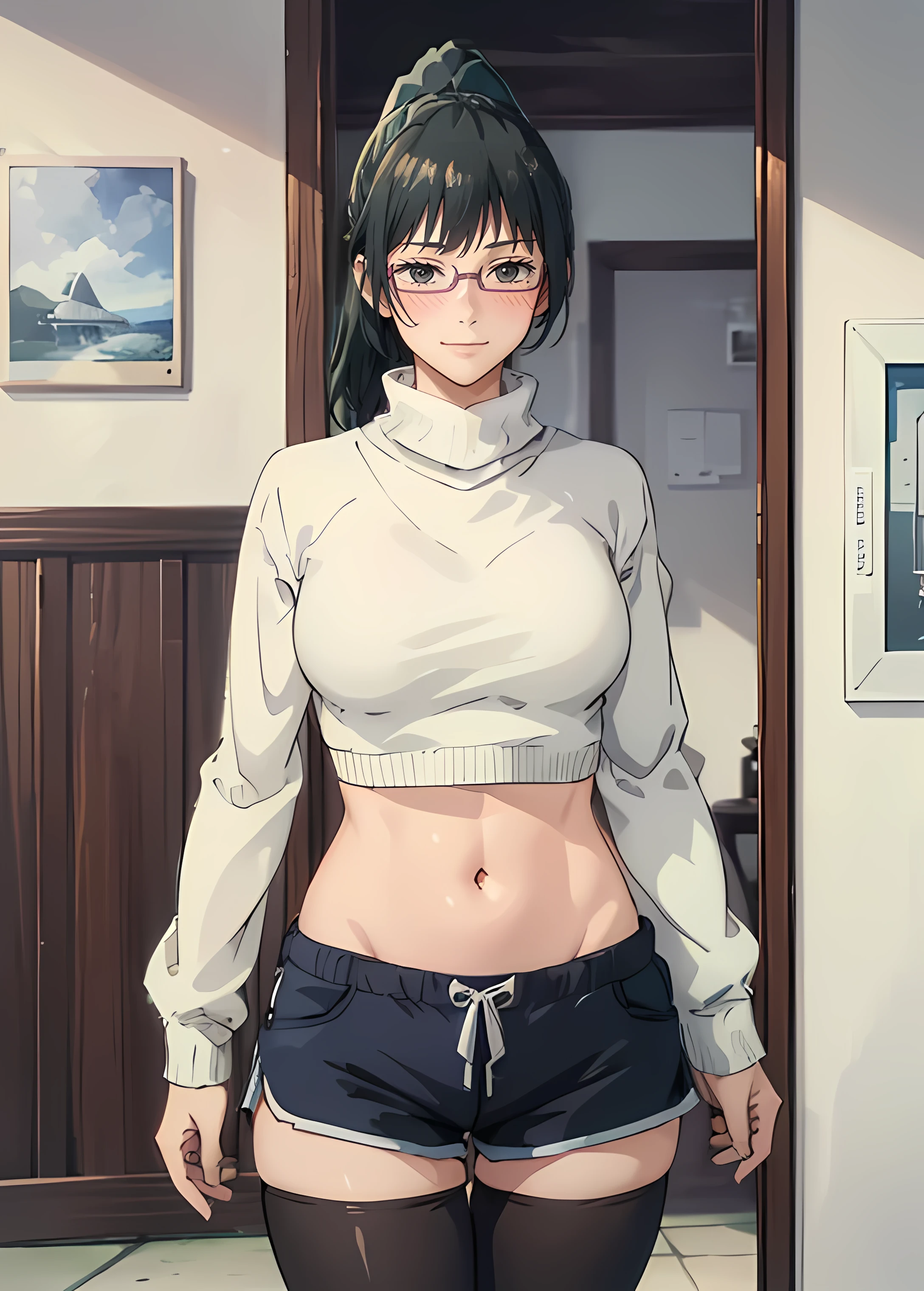 リアルでHigh resolution (highest quality, 4k, 8k, High resolution, masterpiece:1.2)score_9, score_8_up, score_7_up, score_6_up, score_5_up, score_4_up, (8k, RAW photo, best quality, masterpiece:1.2), front view detailed body, long belly, big , Slender body, tight body , thicc ,medium breast , long thighs, Glasses, ponytail, blue eyes, large breasts, beautiful legs, 1girl, sweater, loose sweater, short sweater, navel, dolphin shorts, pantyhose, running, cowboy shot, looking at viewer,