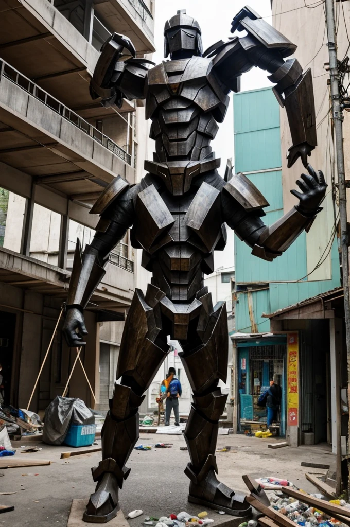 An Asian  making a sculpture of a scyscraper, sculpture made out of garbage 
