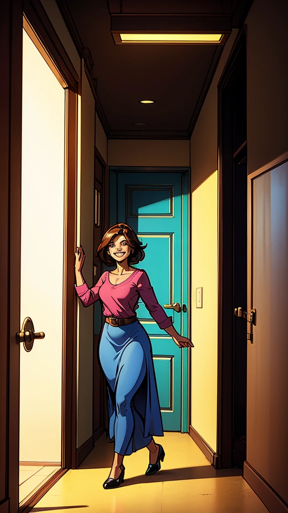 Create an image in the style of classic comics, with vibrant colors and well-defined lines. The scene features a woman with. She is exiting a room in a building, walking confidently with a happy expression on her face. The view should be in profile, capturing her side silhouette. The background should show a corridor with multiple doors, each having a sign near the entrance. The corridor should have typical elements like walls, floors, and lights to provide context.
