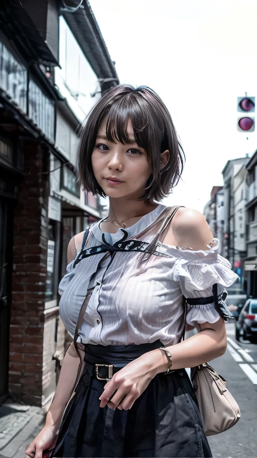 Tokyo Street、Woman walking on the street、Boyish Woman、the wind is strong、(Realistic、Like a photograph、Live Action、8k, Realistic, RAW Photos, Best image quality: 1.4), Single-lens reflex camera、RAW Photos, Highest quality, Realistic, Highly detailed CG Unity 8k wallpaper, Written boundary depth, Cinematic Light, Lens flare, Ray Tracing, Realistic background、(Ruffled blouse:1.4、Black Skirt:1.4、Big Breasts)、(Carrying the guitar、The guitar strap passes between her breasts、paisla)、((Silver Inner Color Hair:1.1))、Cute Japanese Band Girls、((whole body:1.5))、(short hair:1.2、My hair flutters in the wind:1.5)、I like that style、stylish、Very detailed、Pay attention to the details、Perfect outfit、(White skin)、Beautiful feet:1.1、View from the front、Accurate Arm、Meet on a street corner、Super detailed face