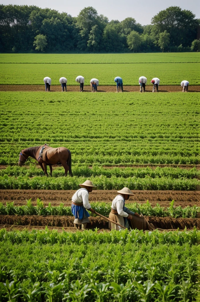 Peasant people tilling the field happy looking at the camera 