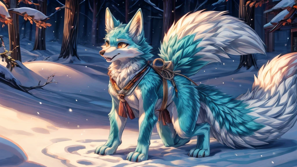japanese kitsune, aqua colored fur, fox face elongated snout add-detail, Surprise face, sweaty body, heated add_detail,, kitsune warrior in the snow add_detail:1, Whole body, barefoot add_detail:1 