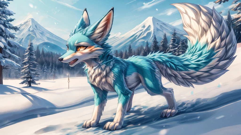 japanese kitsune, aqua colored fur, fox face elongated snout add-detail, Surprise face, sweaty body, heated add_detail,, kitsune warrior in the snow add_detail:1, Whole body, barefoot add_detail:1