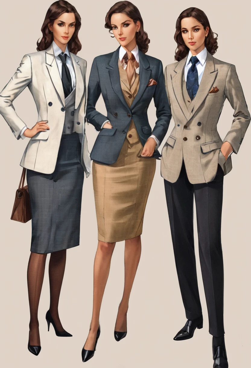 1 woman, beautiful woman, skirt suit, (((three-piece suit))), (((dress shirt))), (((necktie))), (((blazer))), (((suit jacket))), ((waistcoat)), double-breasted waistcoat, stockings, pocket square, cufflinks,