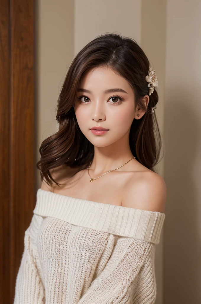 ((Highest quality)), ((masterpiece)), (detailed), One girl, Off-the-shoulder sweater,