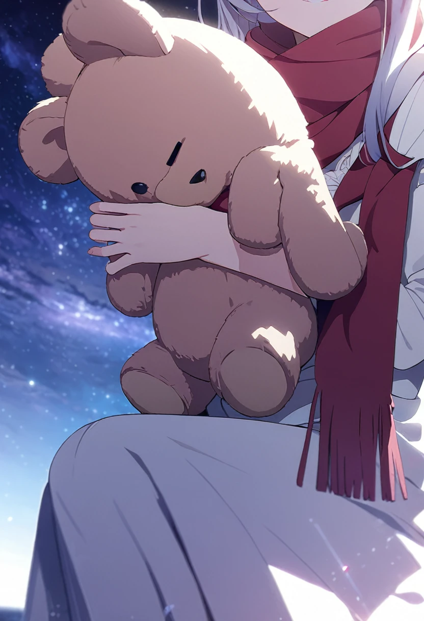 (((masterpiece))), (((best quality))),(((high detail))),light manipulation, girl with long hair, gradient purple to sky blue eyes, wearing a white dress, a red scarf, galaxy background, holding a teddy bear, feet, no footwear, close up