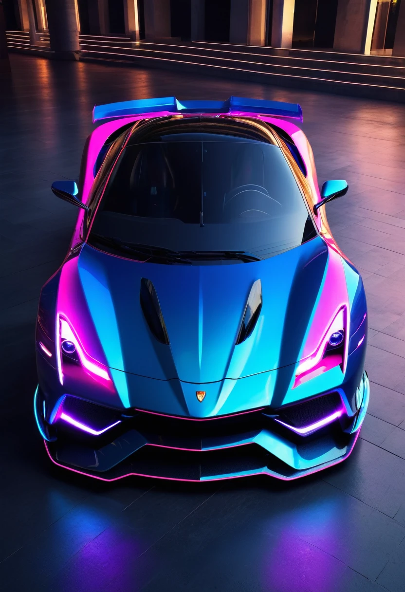 neon super car, front view, photo real