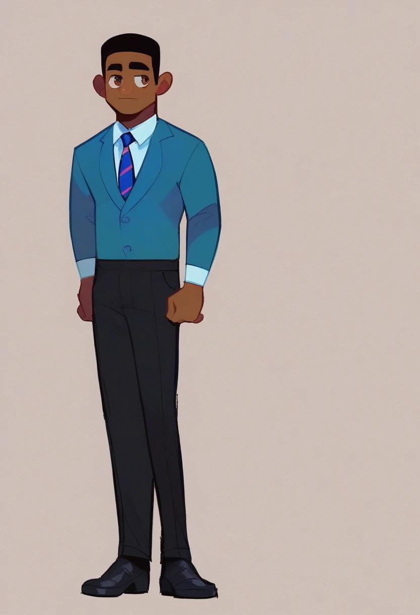 tyrone, 1boy, full body, solo, simple background, dark-skinned male, brown eyes, black hair, grey long sleeve suit, blue work tie, black pants, black shoes