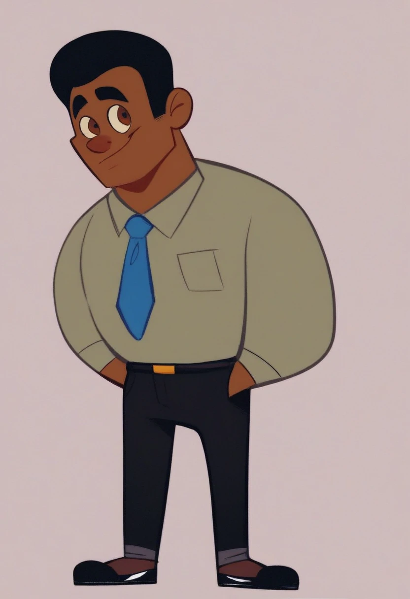 tyrone, 1boy, full body, solo, simple background, dark-skinned male, brown eyes, black hair, grey long sleeve suit, blue work tie, black pants, black shoes
