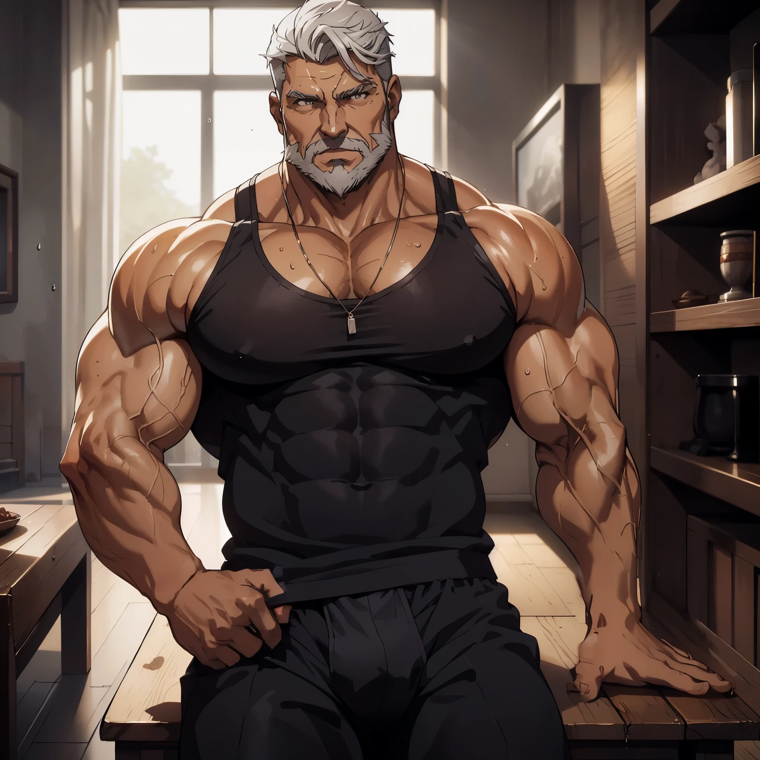 A handsome sebas sitting in a bench, lindas mãos, mãos super detalhadas, mão perfeita, muito lascivo, imponente, Vista lateral, below pov, corpo inteiro, 50 years old, grey short hair , thick grey beard, dark oliva skin color, peitorais largos, peitorais enornes, hair chest, pose sensual, rindo do espectador, wearing a wet white tank top shirt and a tight speedo underwear, wet body, bare arms, big bulge, thick thights, Obra-prima maravilhosa altamente detalhada, beautiful cinematic light deep focus, elegante, Pintura digital, sementes, sharp focus, golden ratio, dramatic lighting, 8k