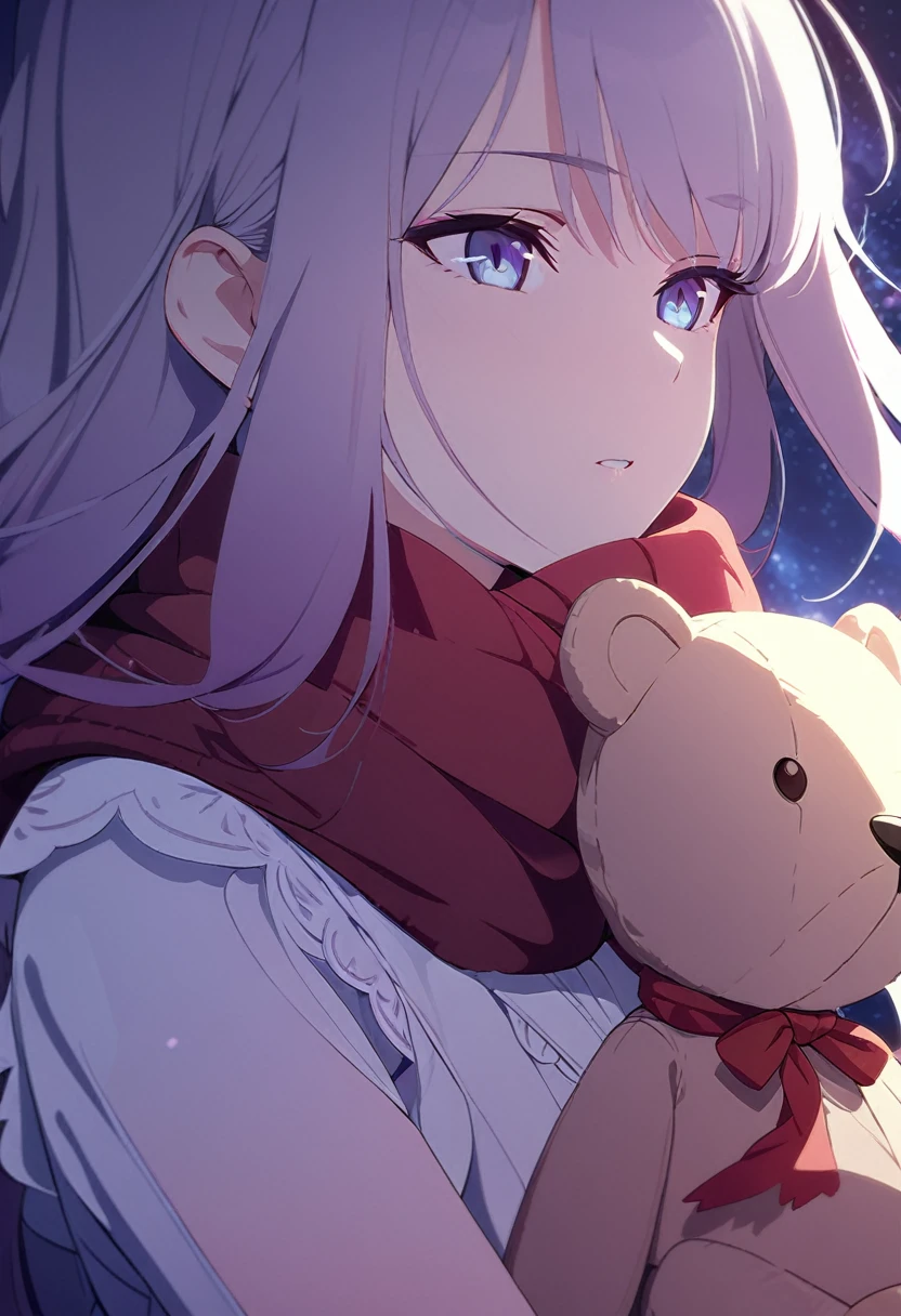 (((masterpiece))), (((best quality))),(((high detail))),light manipulation, girl with long hair, gradient purple to sky blue eyes, wearing a white dress, a red scarf, galaxy background, holding a teddy bear, feet, no footwear, close up