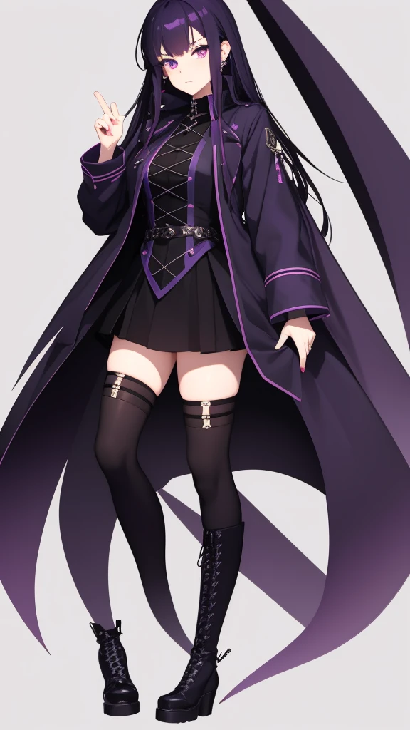 Full length anime girl, White background. young girl, 21 years old, with an arrogant expression on his face, with different eyes (one blue, Other purple), and black hair with acid red tips. Nose pierced, left ring. The girl is dressed in a long black coat and lace-up boots. The girl&#39;s mood is coldness and independence, her look is full of confidence. Pay attention to the details of clothing and accessories, emphasizing her style and individuality. Tatyana comes across as a rude and tough girl, but behind this mask hides a gentle and defenseless personality.