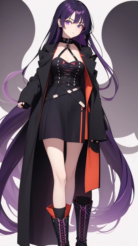 Full length anime girl, White background. young girl, 21 years old, with an arrogant expression on his face, with different eyes (one blue, Other purple), and black hair with acid red tips. Nose pierced, left ring. The girl is dressed in a long black coat and lace-up boots. The girl&#39;s mood is coldness and independence, her look is full of confidence. Pay attention to the details of clothing and accessories, emphasizing her style and individuality. Tatyana comes across as a rude and tough girl, but behind this mask hides a gentle and defenseless personality.