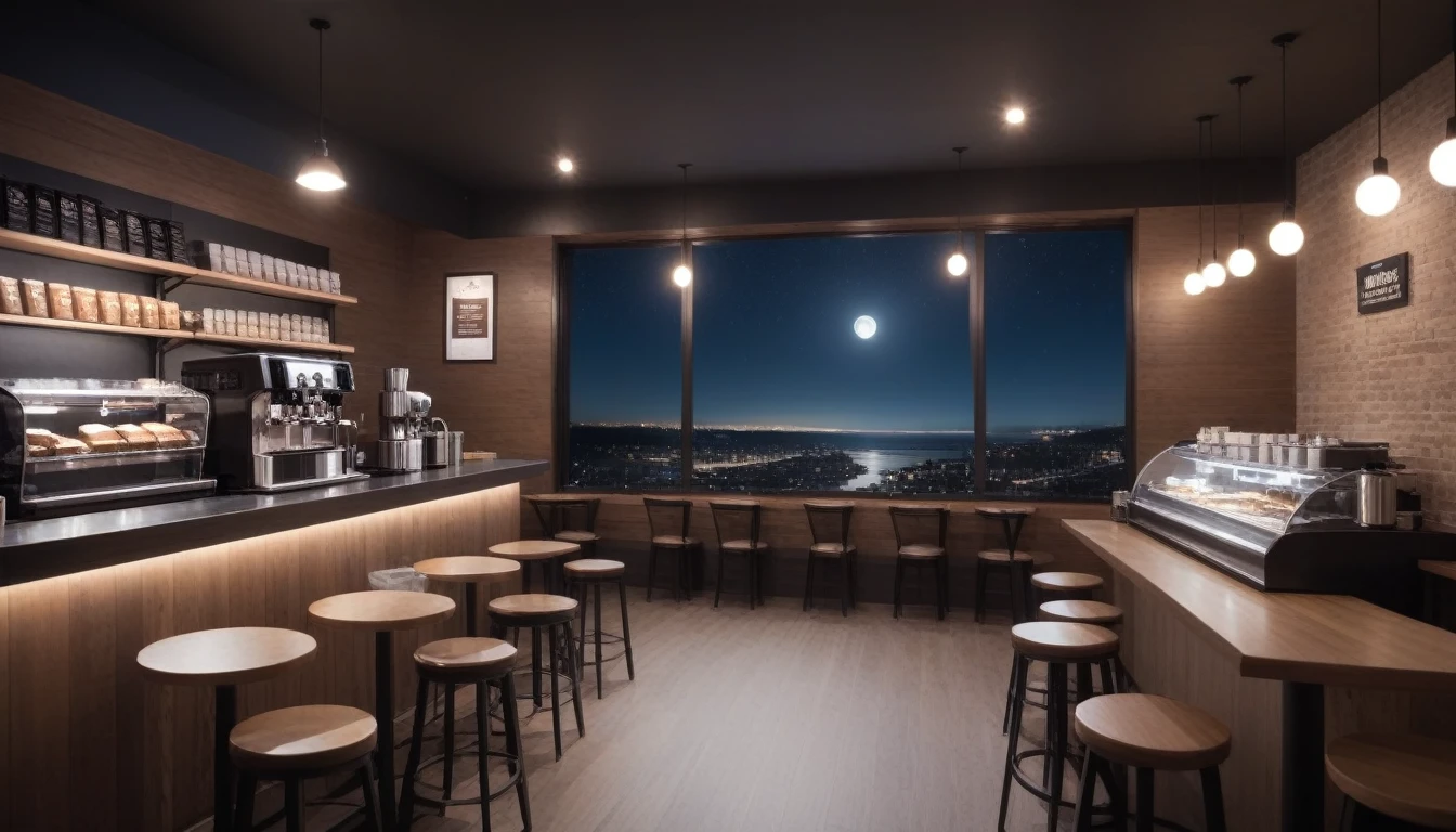 at night, frontal shot coffee shop interior, tables with coffee cups and a big window in the center
