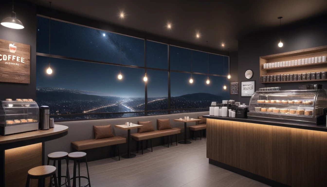 at night, frontal shot coffee shop interior, tables with coffee cups and a big window in the center