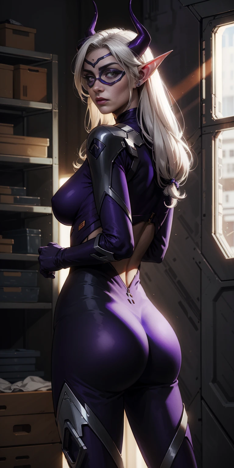 Chibuzo Ngozi, zPDXL2, rating_safe SFW, pin up art by Olivia De Berardinis, 45 year old dark white haired dark elf in a Futuristic closet (purple skin, horns, pointed ears:1.2) from behind, squeezing bra} emotional facial expression, 43stl1ght1ng, low light, dramatic lighting, darkness, bodysuit, sci fi mask