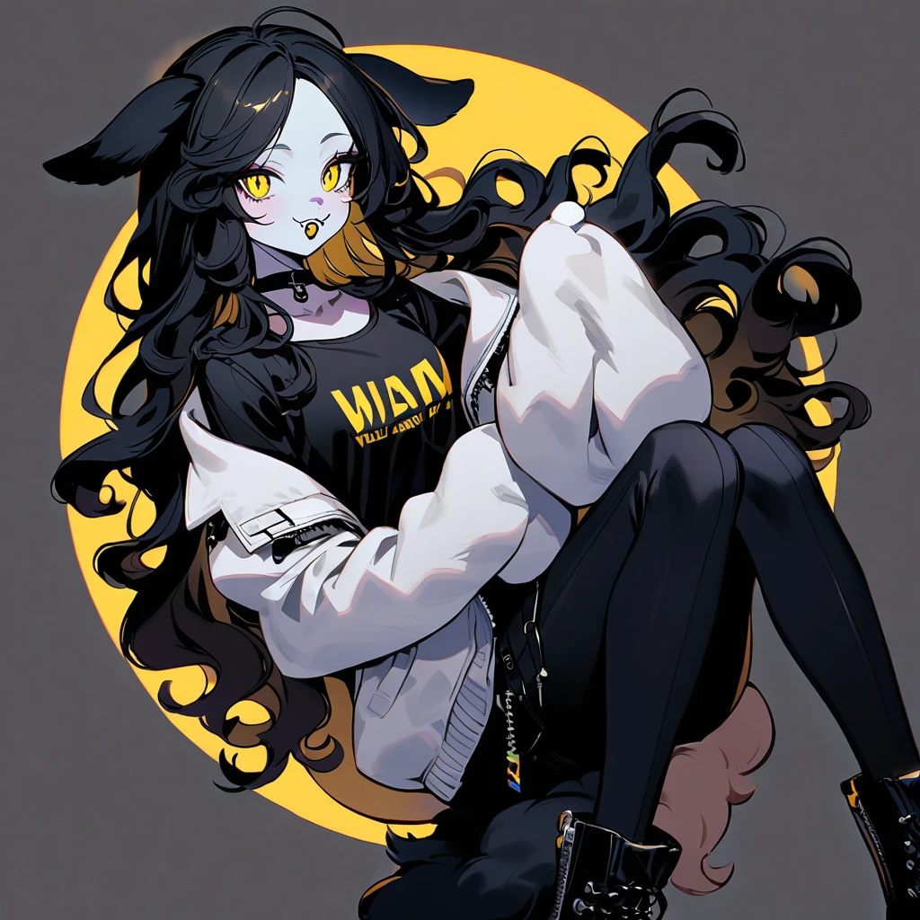 (well done: 1) woman, pale white skin, sheep ears and tail, curly hair down to black shoulders, yellow eyes, mouth piercing, black choker, white jacket with black details with furry hood, black shirt underneath, pants black, black boots, tights.