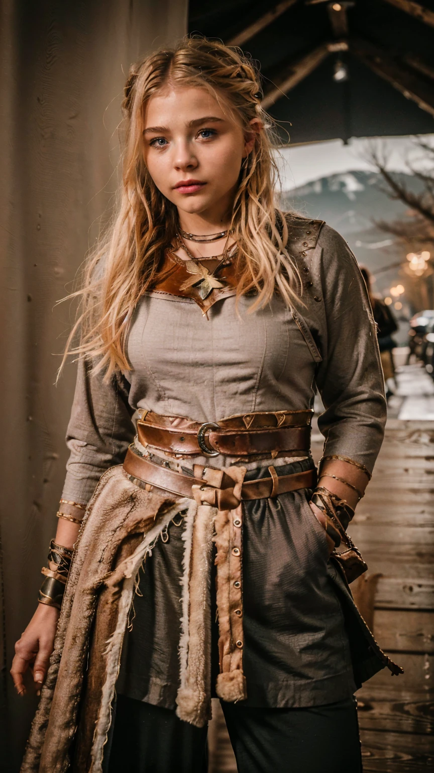 Masterpiece, Best quality, (photorealistic1.4), (UHD), (Cleavages), (epiCRealLife:1.0), (flashphoto), (flash photography), (night time), (chl03gm), (Chloe Grace Mortez wearing Viking armor), (V1k1ng, furs, leather armor, braids,), (VikAr costume), (cowboy shot), (in a Viking town)