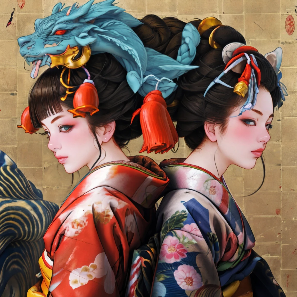1 Girl, alone, Oiran, Maiko, country, Looking at the audience, short hair, Brown eyes, Brown Hair, Black Hair, hair ornaments, Upper Body, kimono, Blunt bangs, kimono, sash, Compensate, Bob cut hair, background with white Tiger and Chinese blue Dragon,