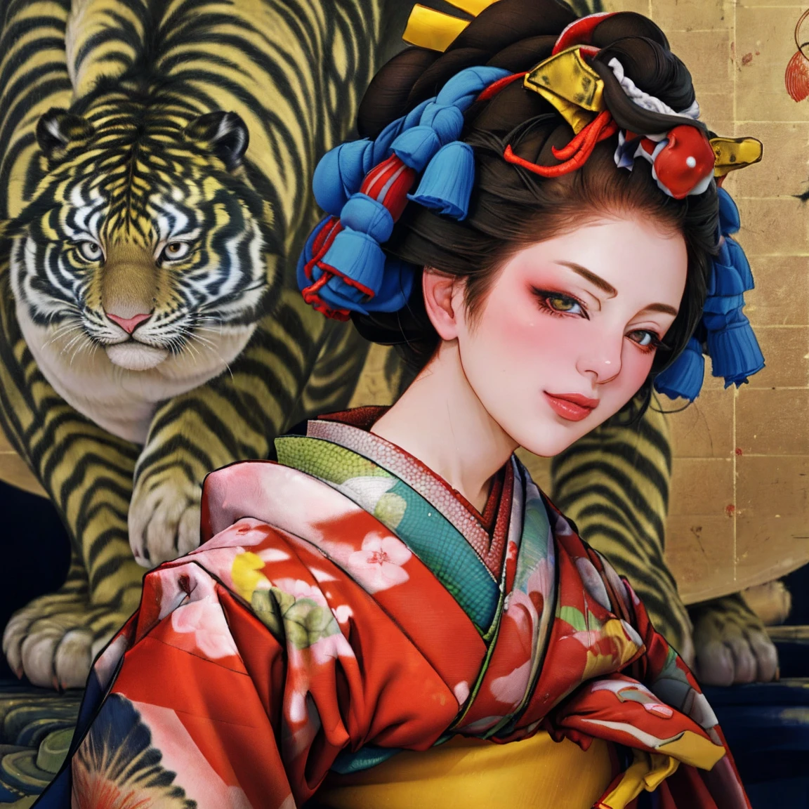 1 Girl, alone, Oiran, Maiko, country, Looking at the audience, short hair, Brown eyes, Brown Hair, Black Hair, hair ornaments, Upper Body, kimono, Blunt bangs, kimono, sash, Compensate, Bob cut hair, background with white Tiger and Chinese blue Dragon,