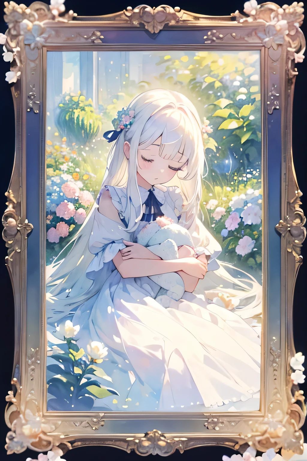 A young girl,White hair, white dress、 asleep in a frame,picture frame、colorful flowers blooming around her, light colors throughout, Claude Monet-like touch, picture-book watercolor.