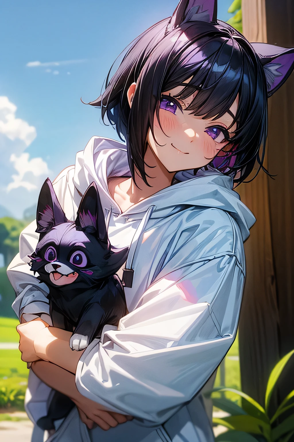 masterpiece、high quality、fineな女の子、Black Hair、short hair、Purple Eyes、Drooping eyes、Young、Feeling embarrassed、smile、Dog ears、cute、とてもcute、fine、Prank、White hoodie、nature、Blue sky