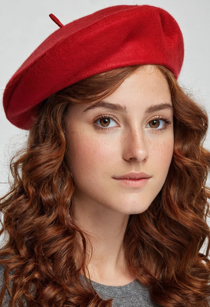 23-year-old woman, long curly red hair, Oval face, fine nose, brunette skin, almond shaped eyes, brown dark eyes, wearing red beret, red cropped