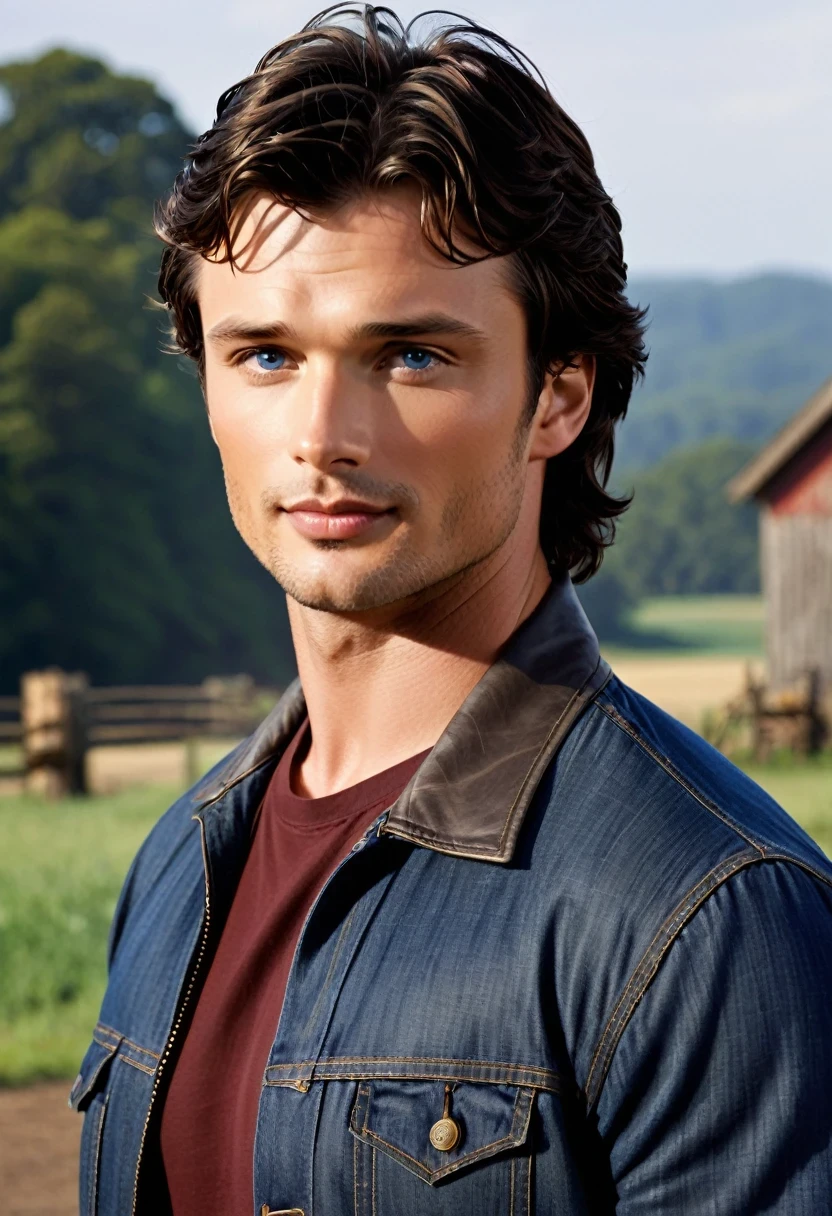 Tom Welling is a tall, robust man, with an imposing physical presence. It has a height of approximately 1,90 meters (6 feet 3 inches) and an athletic build, suitable for his role as Clark Kent/Superman in "Smallville". Their hair is usually dark brown and can range from short to medium length., often with a slightly disheveled appearance that gives a relaxed and natural look.

Your face is defined by a strong, angular jawline, which accentuates his generally serious and contemplative expression. He has blue eyes that contrast with his dark hair., often described as intense and expressive. Your skin is clear, and he has a captivating smile, which can transform your expression from a pensive look to a warm, welcoming glow.

au "Smallville", he often wore casual clothes like t-shirts, leather and denim jackets, reflecting the style of a young man living in a small town. His clothes helped to highlight his athletic figure and added to his charming charm. "farm boy".

Tom Welling conveys a sense of strength and kindness at the same time, with a voice that is deep and resonant, but it can also be gentle and reassuring. He has a presence that combines seriousness and approachability, making him a memorable Clark Kent and an actor admired by many.