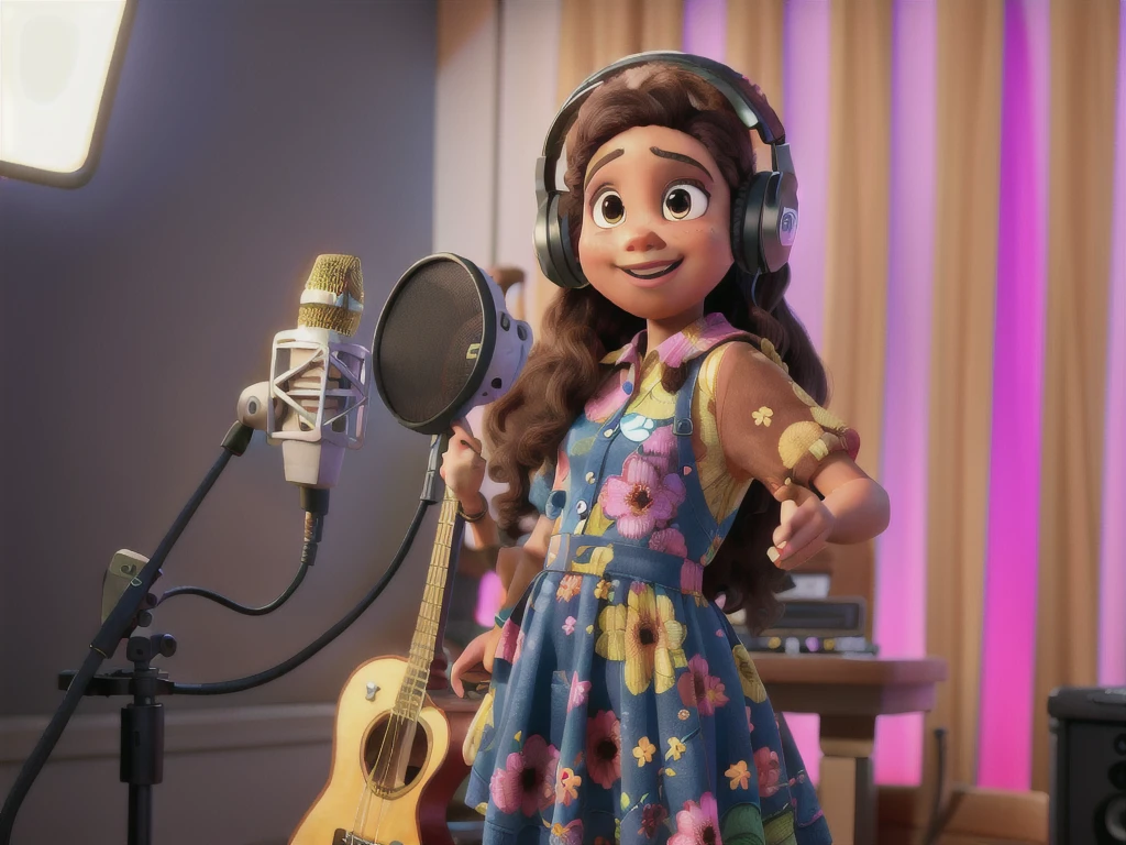 a 3d pixar disney style image with a brown girl in a colorful dress with headphones and a microphone, girl in the studio, studio quality, new song, vocalist, singing for you, Studio recording, music video, singer, singing into the microphone, studio photo,