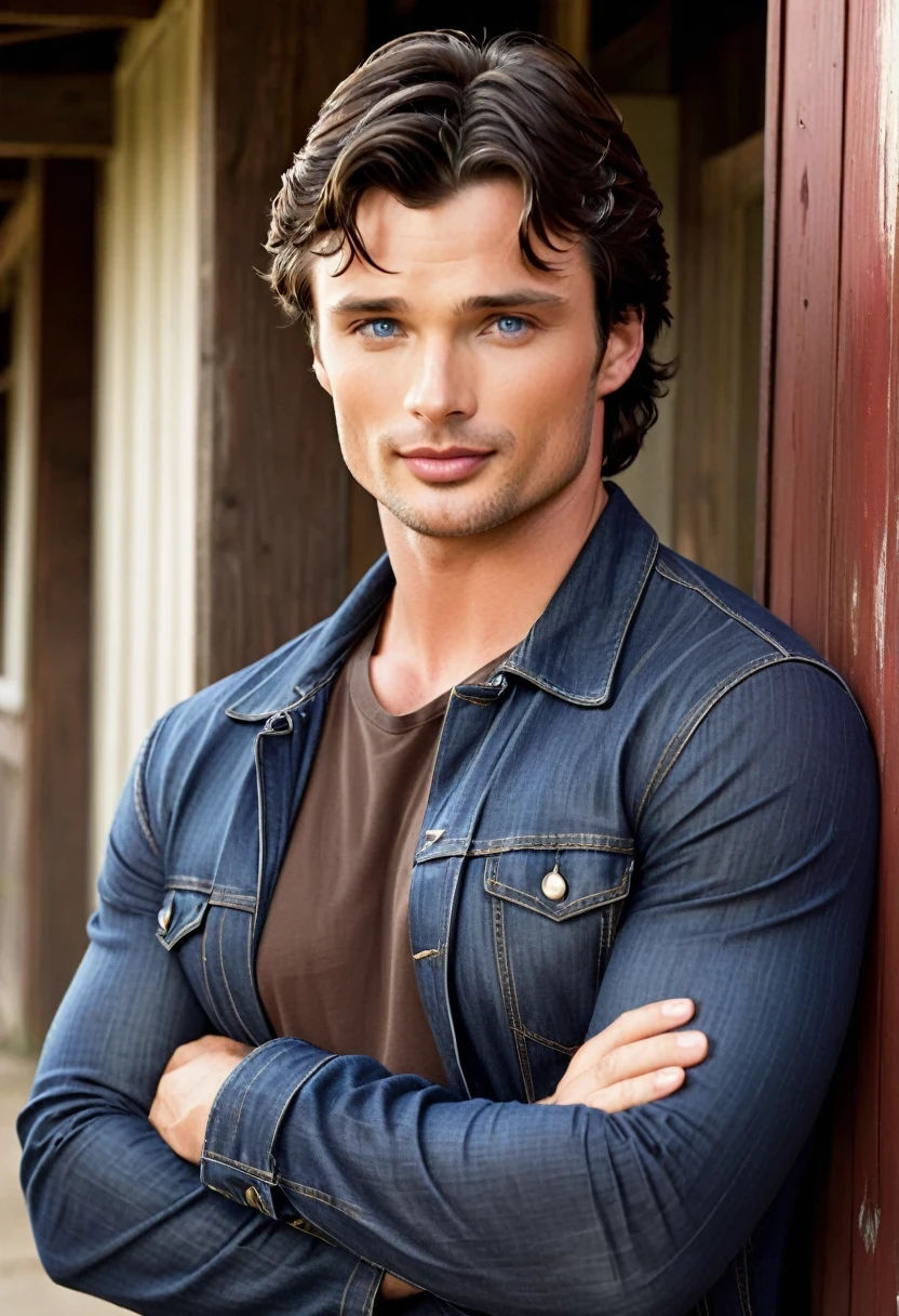 Tom Welling is a tall, robust man, with an imposing physical presence. It has a height of approximately 1,90 meters (6 feet 3 inches) and an athletic build, suitable for his role as Clark Kent/Superman in "Smallville". Their hair is usually dark brown and can range from short to medium length., often with a slightly disheveled appearance that gives a relaxed and natural look.

Your face is defined by a strong, angular jawline, which accentuates his generally serious and contemplative expression. He has blue eyes that contrast with his dark hair., often described as intense and expressive. Your skin is clear, and he has a captivating smile, which can transform your expression from a pensive look to a warm, welcoming glow.

au "Smallville", he often wore casual clothes like t-shirts, leather and denim jackets, reflecting the style of a young man living in a small town. His clothes helped to highlight his athletic figure and added to his charming charm. "farm boy".

Tom Welling conveys a sense of strength and kindness at the same time, with a voice that is deep and resonant, but it can also be gentle and reassuring. He has a presence that combines seriousness and approachability, making him a memorable Clark Kent and an actor admired by many.