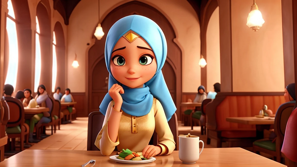 arabe woman with hijab in a restaurant,pixar 3D