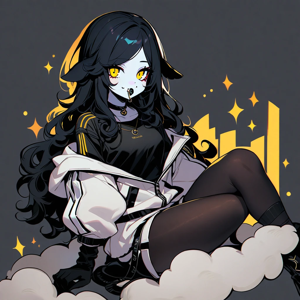 (well done: 1) woman, pale white skin, sheep ears and tail, curly hair down to black shoulders, yellow eyes, mouth piercing, black choker, white jacket with black details with furry hood, black shirt underneath, shorts black, black boots, pantyhose.