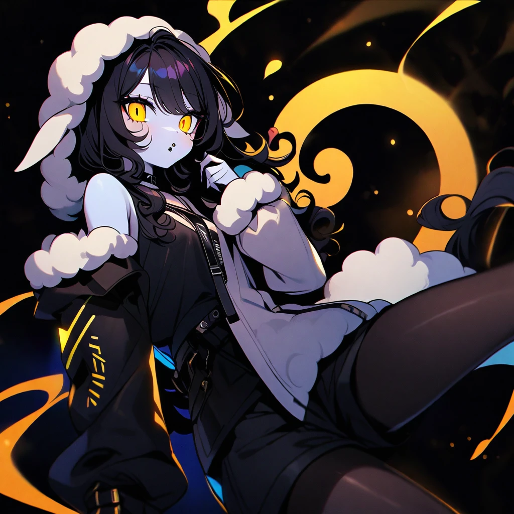 (well done: 1) woman, pale white skin, sheep ears and tail, curly hair down to black shoulders, yellow eyes, mouth piercing, black choker, white jacket with black details with furry hood, black shirt underneath, shorts black, black boots, pantyhose.