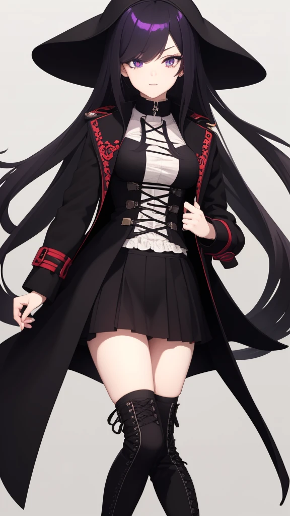 Full length anime girl, White background. young girl, 21 years old, with an arrogant expression on his face, with different eyes, One eye is blue, other eye purple, and black hair with bright red tips. Nose pierced, left ring. The girl is dressed in a long black coat and lace-up boots. The girl&#39;s mood is coldness and independence, her look is full of confidence. Pay attention to the details of clothing and accessories, emphasizing her style and individuality. Tatyana comes across as a rude and tough girl, but behind this mask hides a gentle and defenseless personality.