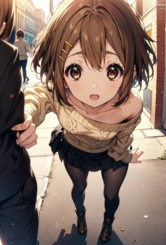 yuihirasawa, Yui Hirasawa, short hair, Brown Hair, hair ornaments, (Brown eyes:1.5), Hair Clip,One-shoulder sweater,mini skirt,Black pantyhose,short boots,Walking,morning,morning陽,The sun is rising,smile,Open your mouth,whole bodyがイラストに入るように
break outdoors,Building district,
break looking at viewer, whole body,
break (masterpiece:1.2), Highest quality, High resolution, unity 8k wallpaper, (figure:0.8), (Beautiful attention to detail:1.6), Highly detailed face, Perfect lighting, Highly detailed CG, (Perfect hands, Perfect Anatomy),