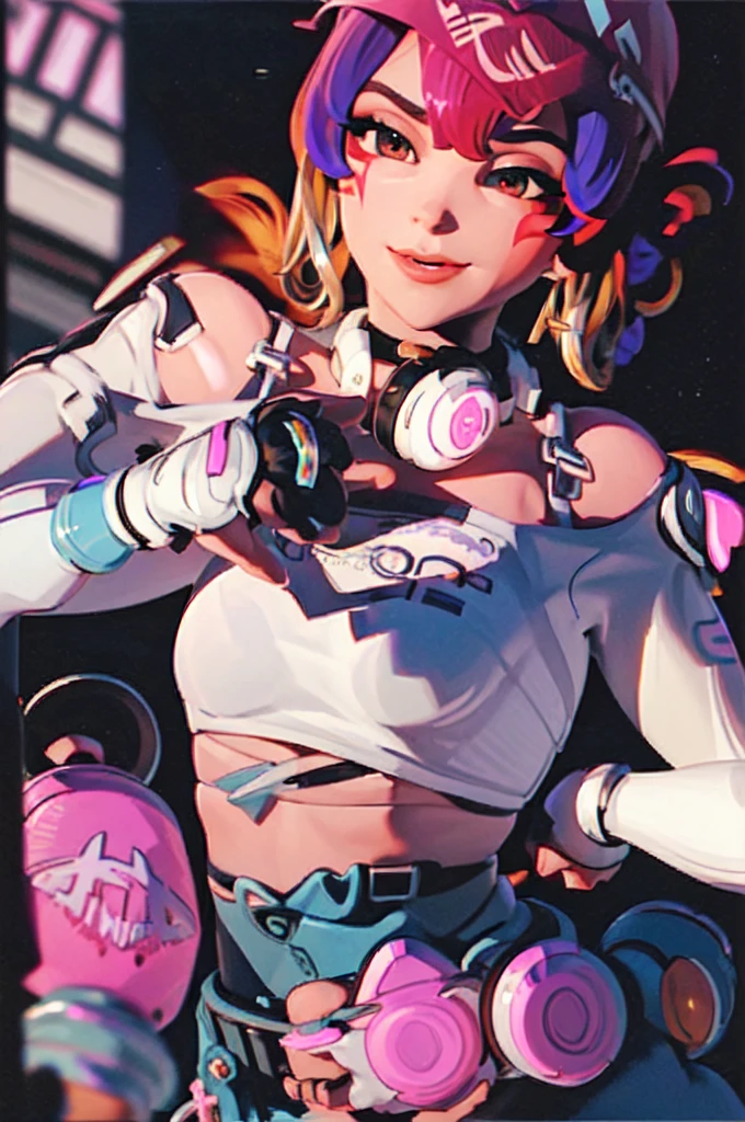 Sexy pose, posing, ((masterpiece, best quality)), 1girl, solo, Kiriko LeSserafim, upper body, short hair, brown eyes, multicolored hair, blue hair, yellow highlights, bangs, pink headwear, hair between eyes, (white off-shoulder shirt:1.5), ((gloves:1.5)), pointing to her face, fingerless gloves, hoop earrings, (white shirt:1.5), headphones around neck, thighhigh, white gloves, lace-up boots, boots, gloves, jacket around waist, thighhighs, breasts, headphones, standing, jewelry, bracelet, midriff, white crop top, cross-laced footwear single kneehigh, smile, earrings, jewelry, hat, looking at viewer, makeup, facepaint, facial mark, detached sleeves, lips, indoors, japanese house, hands on her face, portrait,