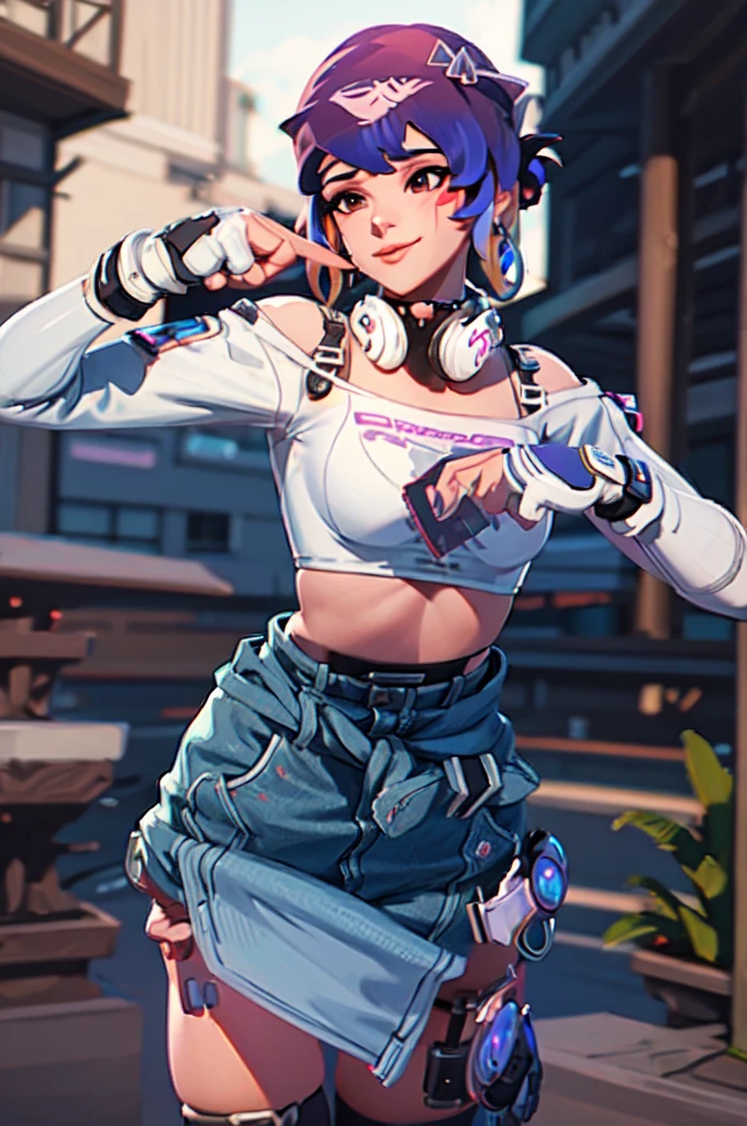 ((masterpiece, best quality)), 1girl, solo, Kiriko LeSserafim, upper body, short hair, brown eyes, multicolored hair, blue hair, yellow highlights, bangs, pink headwear, hair between eyes, (white off-shoulder shirt:1.5), ((gloves:1.5)), pointing to her face, fingerless gloves, hoop earrings, (white shirt:1.5), headphones around neck, thighhigh, white gloves, lace-up boots, boots, gloves, jacket around waist, thighhighs, breasts, headphones, standing, jewelry, bracelet, midriff, white crop top, cross-laced footwear single kneehigh, smile, earrings, jewelry, hat, looking at viewer, makeup, facepaint, facial mark, detached sleeves, lips, indoors, japanese house, hands on her face, portrait,