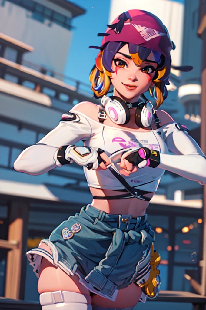 Sexy pose, posing, ((masterpiece, best quality)), 1girl, solo, Kiriko LeSserafim, upper body, short hair, brown eyes, multicolored hair, blue hair, yellow highlights, bangs, pink headwear, hair between eyes, (white off-shoulder shirt:1.5), ((gloves:1.5)), pointing to her face, fingerless gloves, hoop earrings, (white shirt:1.5), headphones around neck, thighhigh, white gloves, lace-up boots, boots, gloves, jacket around waist, thighhighs, breasts, headphones, standing, jewelry, bracelet, midriff, white crop top, cross-laced footwear single kneehigh, smile, earrings, jewelry, hat, looking at viewer, makeup, facepaint, facial mark, detached sleeves, lips, indoors, japanese house, hands on her face, portrait,