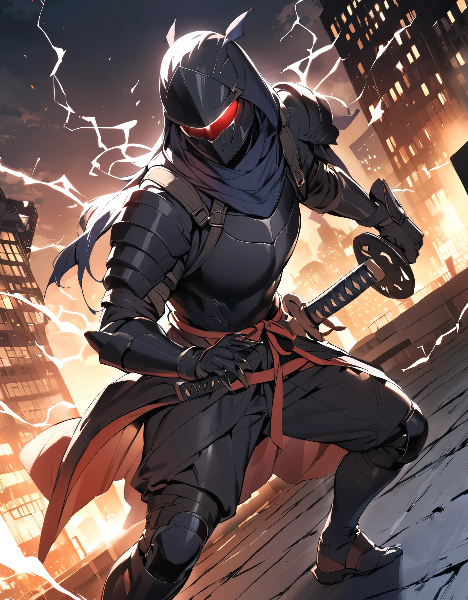 (masterpiece), (best quality), (high res), (solo, solo focus), 1male, male focus, ninja, helmet, metal claws, glowing red eyes, using weapon, katana, matching black gloves, black bodysuit, armor, black knee pads, white boots, new york backdrop, midnight, moon, rooftop, outdoors, standing, menacing look, (his body surrounded by electricity), white aura, full-body costume design.