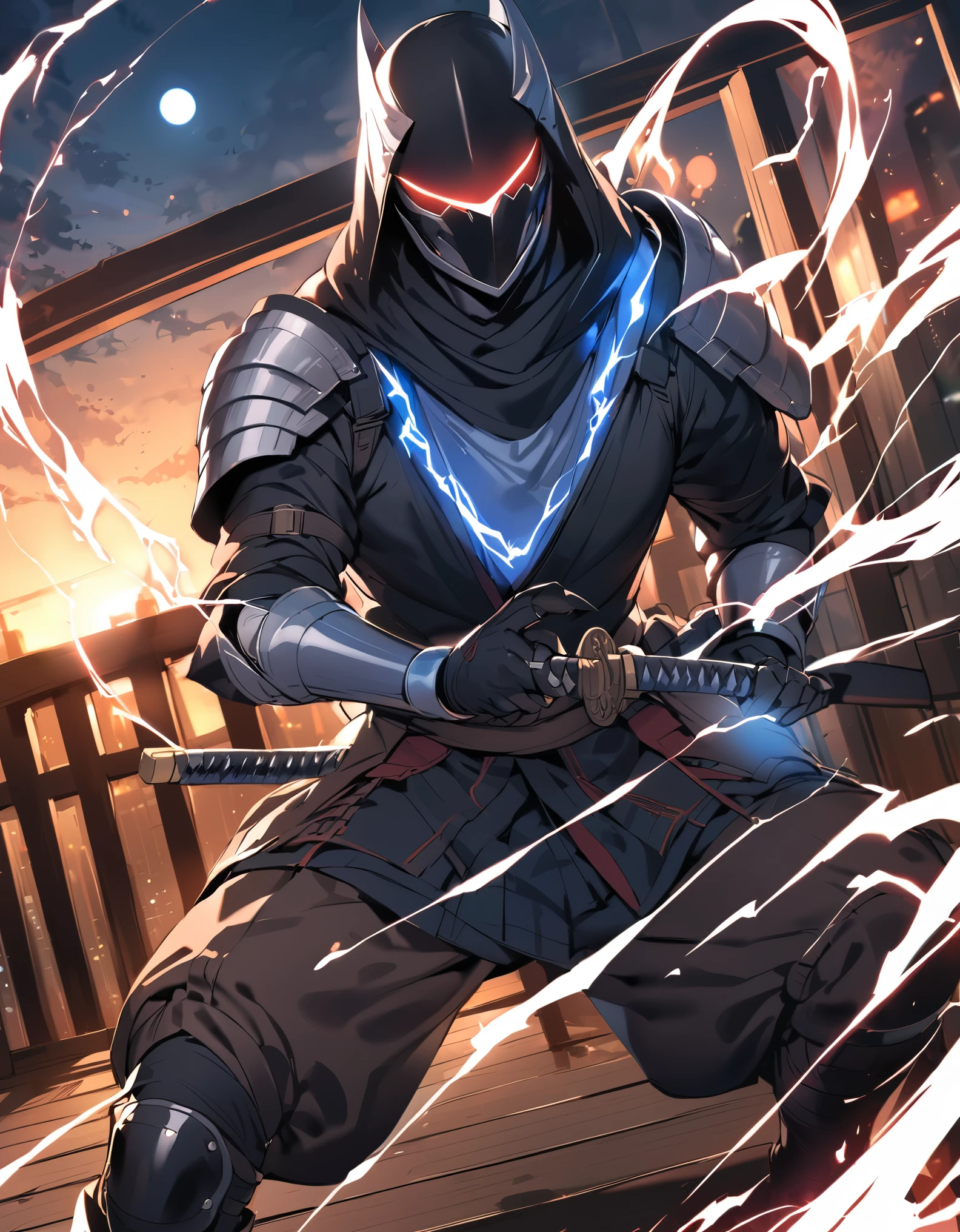 (masterpiece), (best quality), (high res), (solo, solo focus), 1male, male focus, ninja, helmet, metal claws, glowing red eyes, using weapon, katana, matching black gloves, black bodysuit, armor, black knee pads, white boots, new york backdrop, midnight, moon, rooftop, outdoors, standing, menacing look, (his body surrounded by electricity), white aura, full-body costume design.